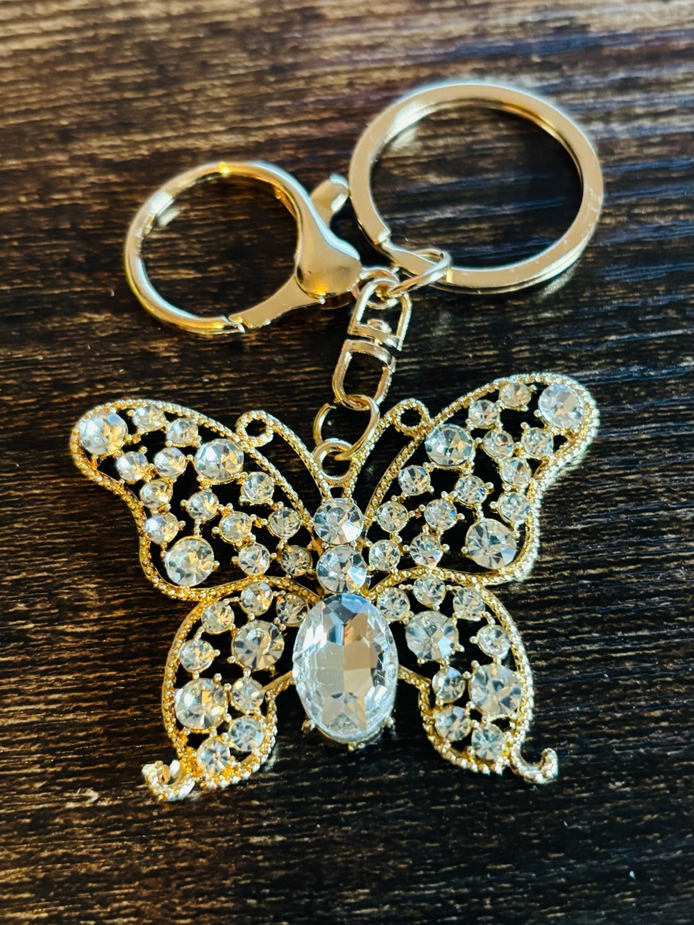 Gold Tone Rhinestone Butterfly Keychain Bag Charm Crystal Embellished Pendant